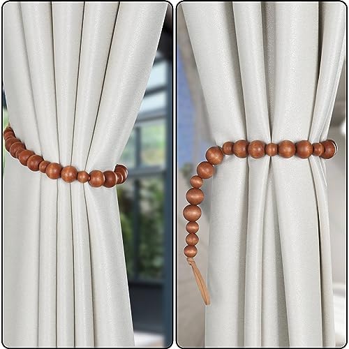 OCIOLI 2 Piece Wood Bead Curtain Tiebacks with Hooks