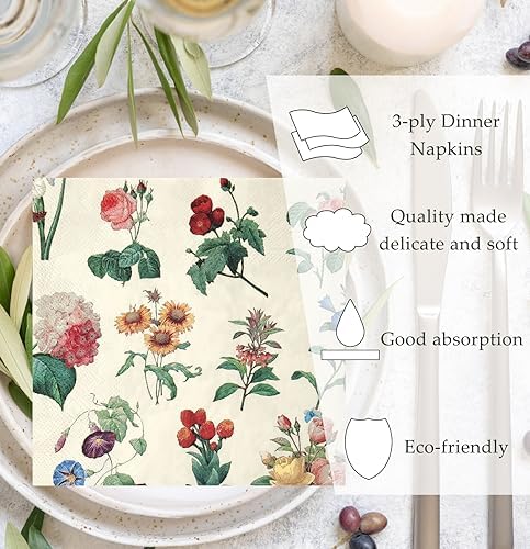 50 Pack 3-Ply Floral Disposable Napkins for Events