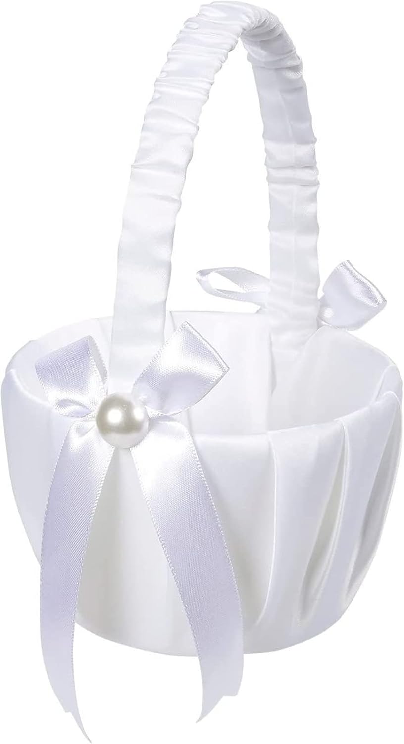 White Flower Girl Basket with Satin Bowknot and Pearl Design
