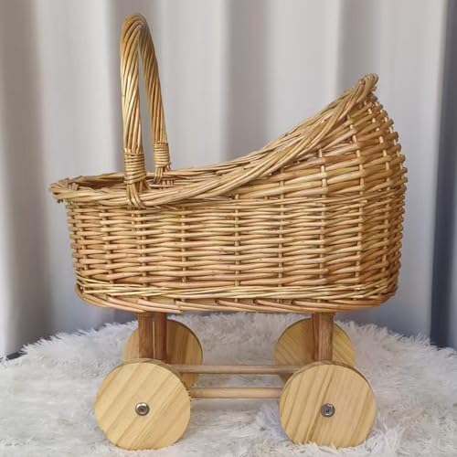 Woven Rattan Stroller Flower Basket with Handle