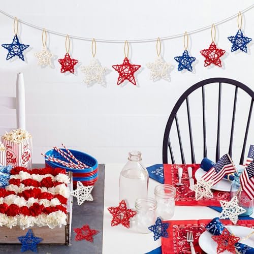18pcs Patriotic Rattan Star Decorations Red Blue White