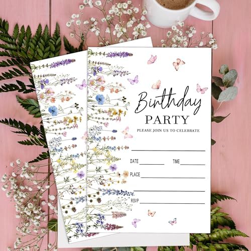 Floral Birthday Invitations 20 Pack with Envelopes