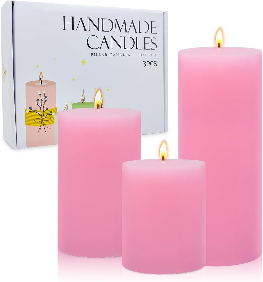 3 Packs Pink Pillar Candles in Different Sizes