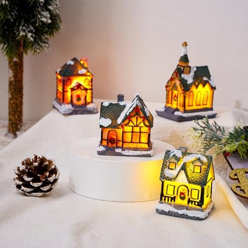4Pcs Christmas Village Houses Light Up Resin Miniature Decor