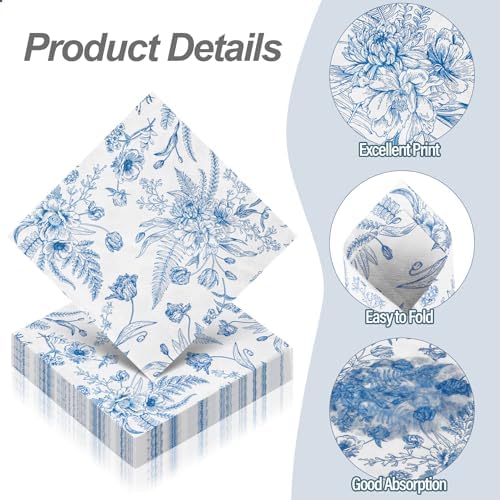 Aodaer 48 Piece Blue and White Floral Napkins Set