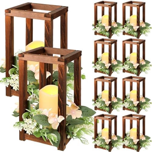 Hushee 30 Pcs Wooden Wedding Lantern Centerpiece with Candles and Wreaths Brown
