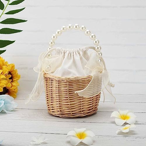2PCS Wicker Rattan Flower Girl Basket with Pearl Handle