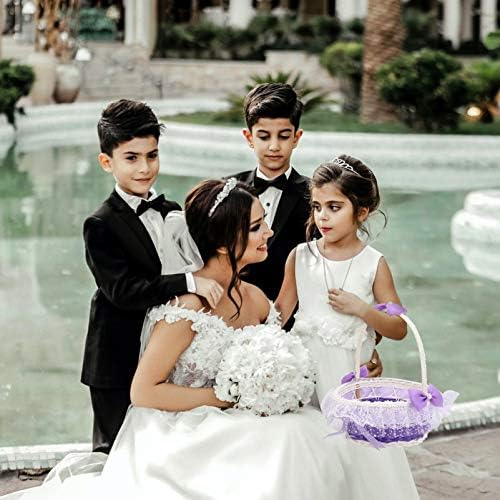 BESTOYARD Purple Flower Girl Basket with Handle and Bowknot