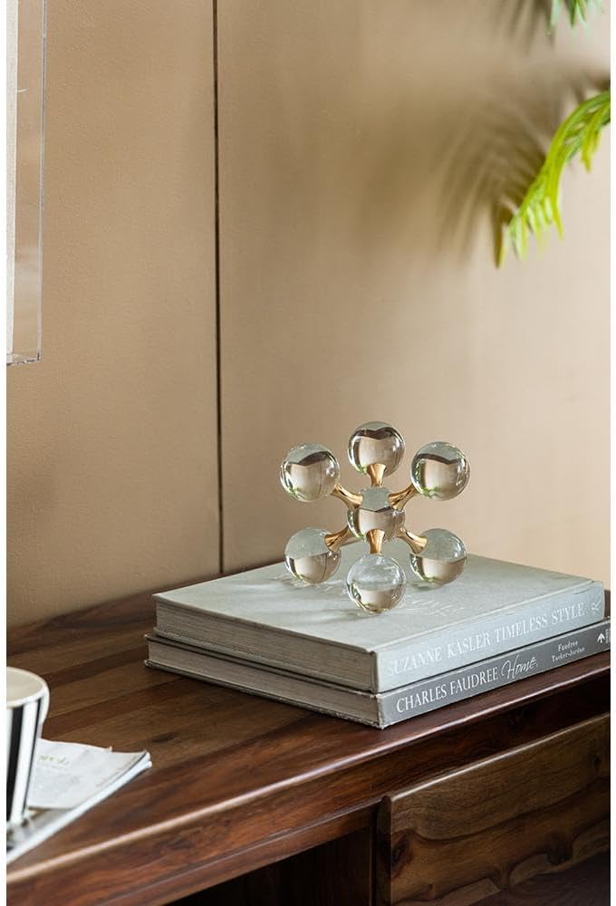 Gold Iron and Crystal Glass Sphere Sculpture - Modern Decor Accent