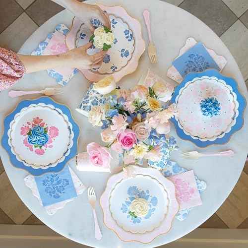 Bonjour Fete Light Pink Floral Large Party Plates with Gold Foil