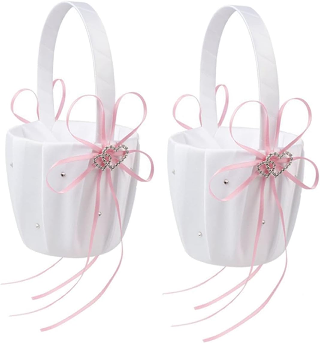 2PC Wedding Flower Girl Basket Pink Satin Heart Buckle Decor