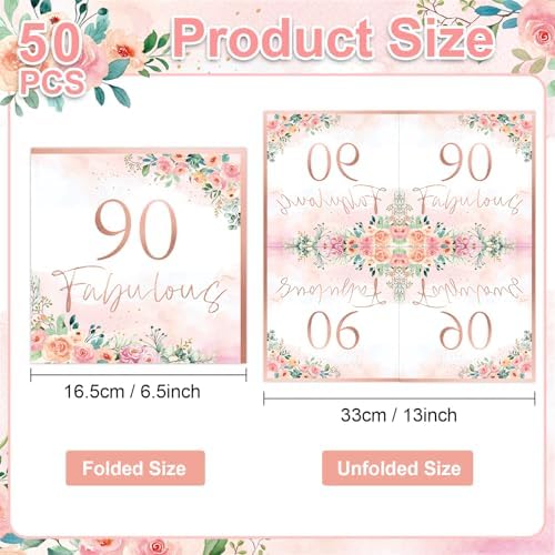 90th Birthday Rose Gold Floral Napkins Set 50pcs
