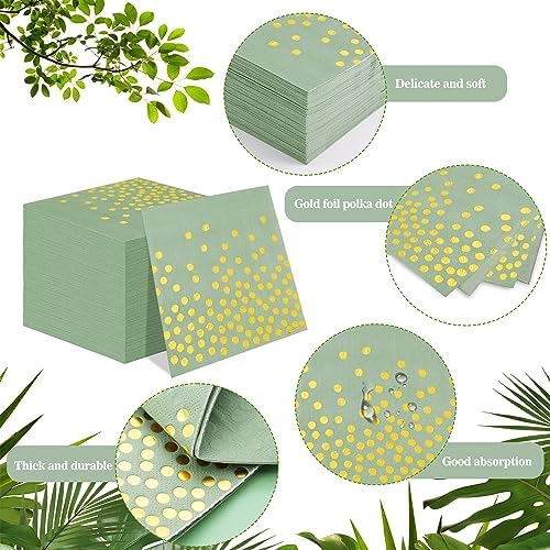 100 Pcs Sage Green Napkins - 3 Ply Gold Dot Disposable Party Napkins