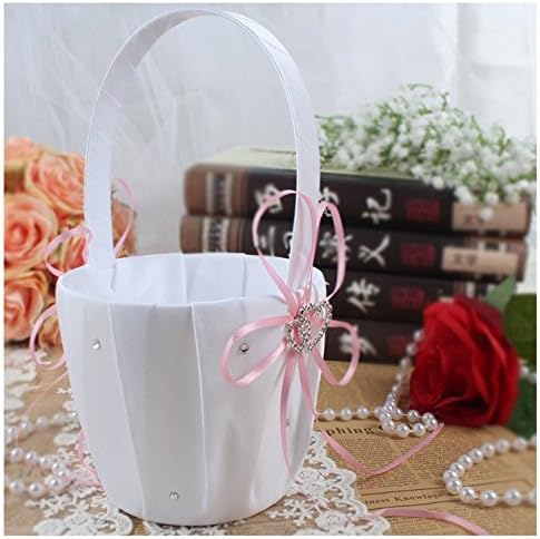 2PC Wedding Flower Girl Basket Pink Satin Heart Buckle Decor