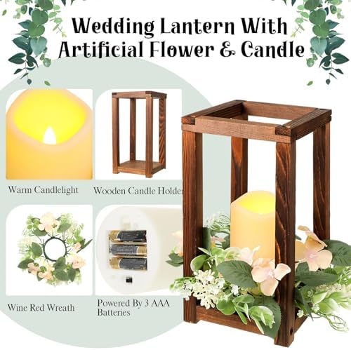 Hushee 30 Pcs Wooden Wedding Lantern Centerpiece with Candles and Wreaths Brown