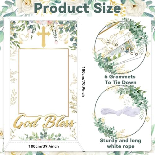 God Bless Baptism Photo Booth Backdrop Greenery Eucalyptus 3x6ft