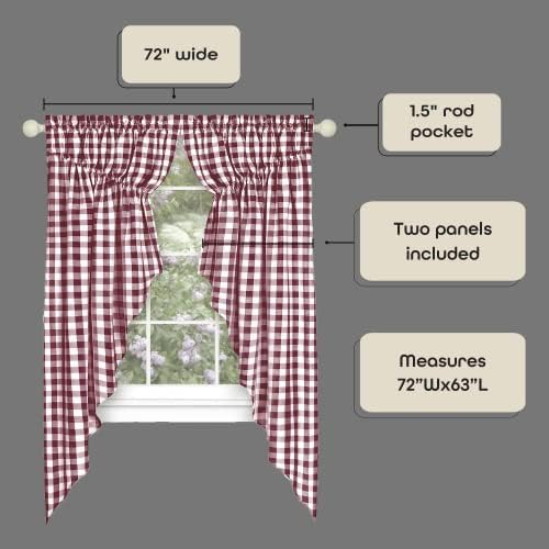 Buffalo Check Gathered Swag Curtains - 72x63 Inch Burgundy Ivory Pair