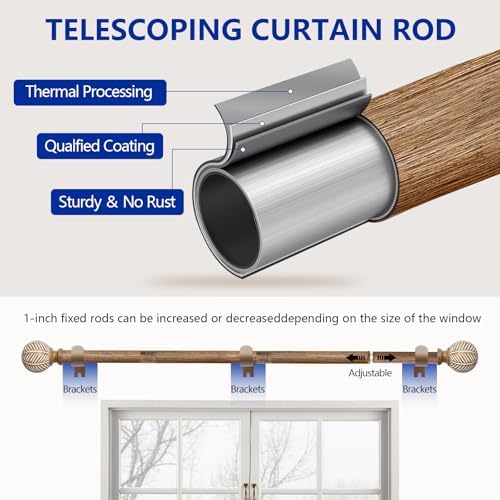 Adjustable Wood Curtain Rods 48-86 Inches Single Rod with Leaf Finials
