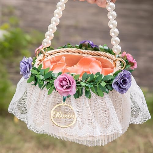 Personalized Wedding Flower Girl Basket with Pearl Handle