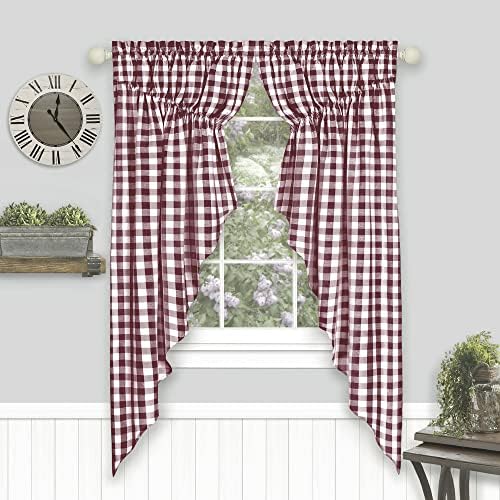 Buffalo Check Gathered Swag Curtains - 72x63 Inch Burgundy Ivory Pair