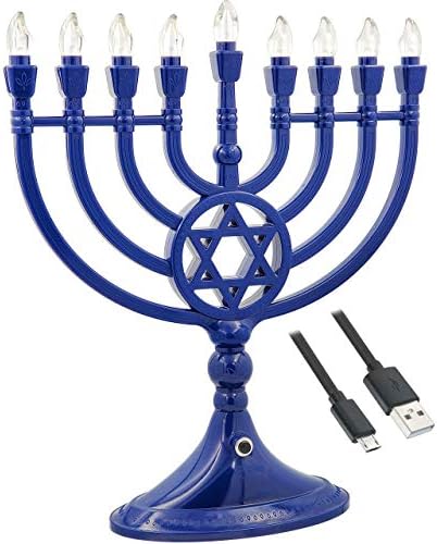 The Dreidel Company Traditional LED Blue Hanukkah Menorah - USB and Battery Powered