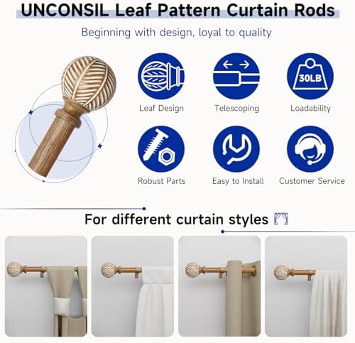 Adjustable Wood Curtain Rods 48-86 Inches Single Rod with Leaf Finials