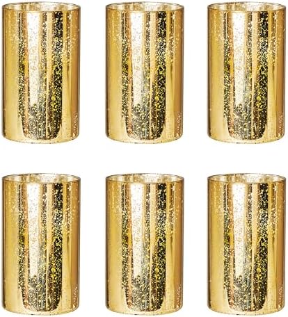 Gold Candle Holder Hurricane Cylinder Vase Set of 6 for Wedding Centerpieces