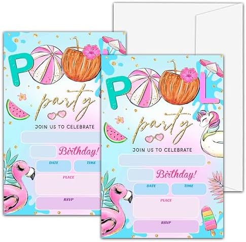 Pool Party Birthday Invitations with Envelopes A07