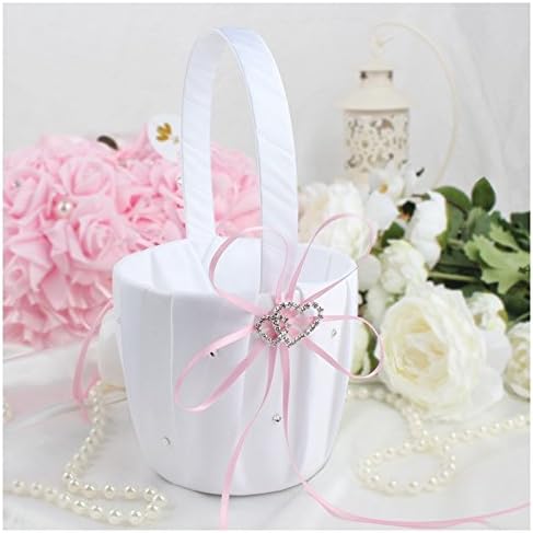 2PC Wedding Flower Girl Basket Pink Satin Heart Buckle Decor