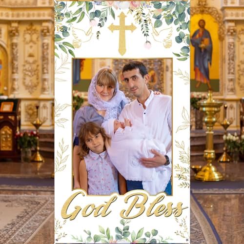God Bless Baptism Photo Booth Backdrop Greenery Eucalyptus 3x6ft