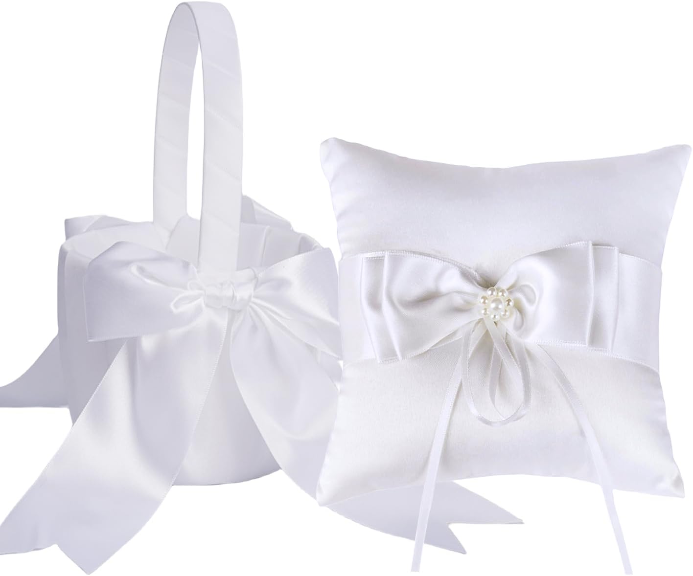 QIRMIZI Wedding Ring Pillow and Flower Girl Basket Set - Butterfly Knot White Satin