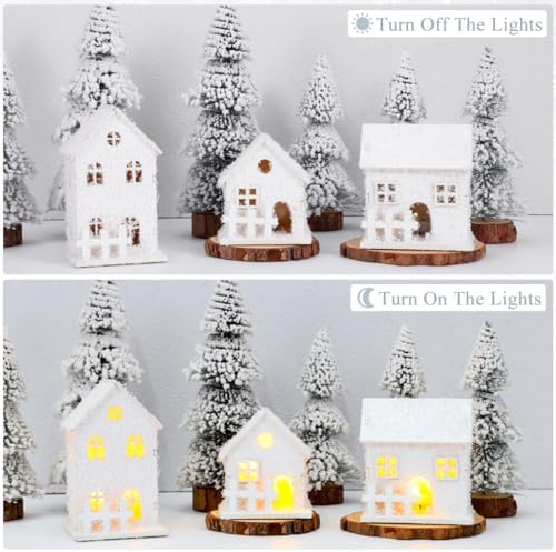 TOYANDONA 3Pcs LED Lighted Wooden Christmas Village Houses