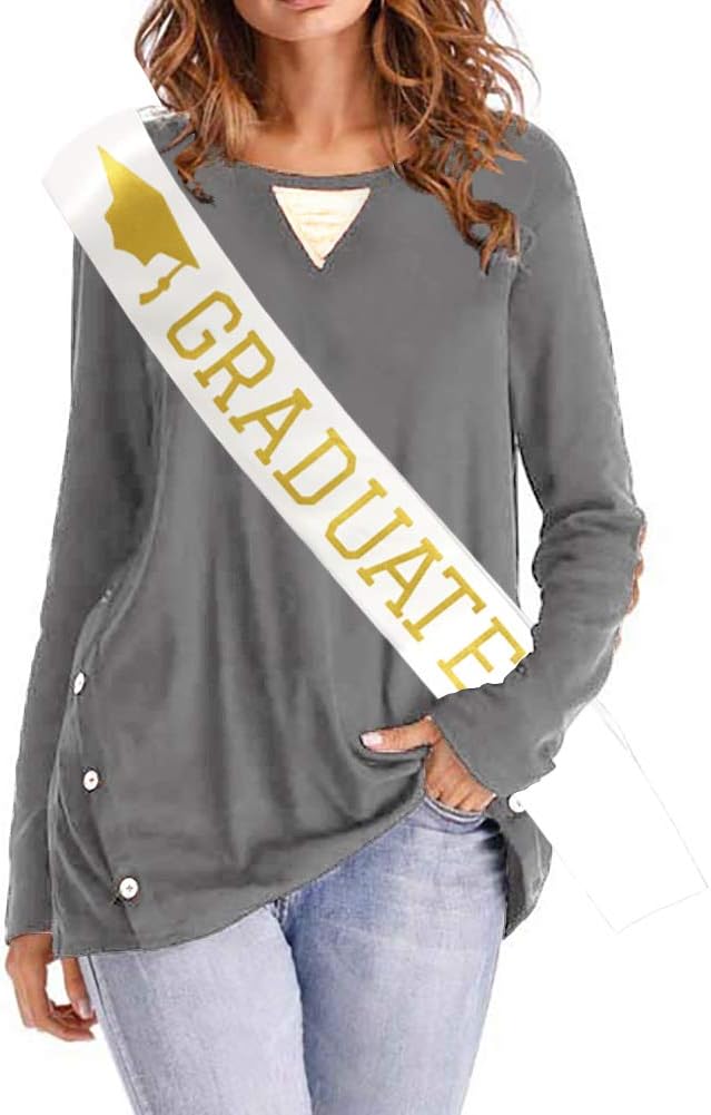 Graduate Sash - White Satin with Gold Glitter Fonts
