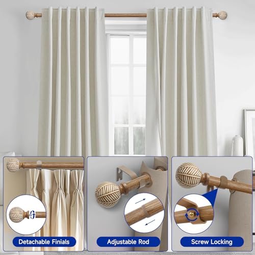 Adjustable Wood Curtain Rods 48-86 Inches Single Rod with Leaf Finials