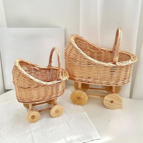 Woven Rattan Stroller Flower Basket with Handle