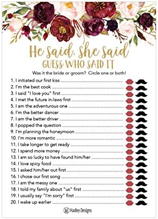 Burgundy Floral Bridal Shower Games for 25 Guests