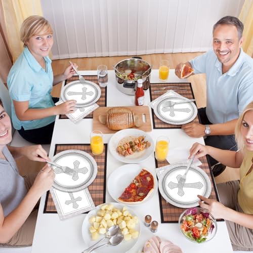96Pcs Gray Cross Baptism Tableware Set for 24 Guests