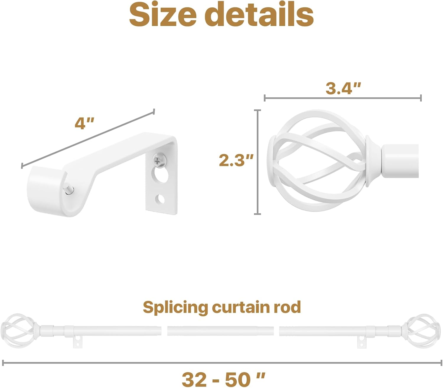 White Curtain Rods 32-50 Inch with Twisted Cage Finials