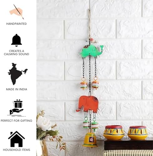 Hand Painted Elephant Metal Bells Set - 22 Inch Hanging Ornament