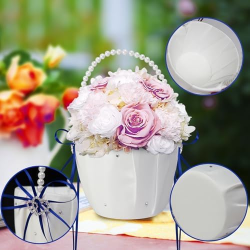 2 Pcs Wedding Flower Girl Baskets with Pearl Handle Bowknot
