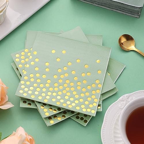 100 Pcs Sage Green Napkins - 3 Ply Gold Dot Disposable Party Napkins