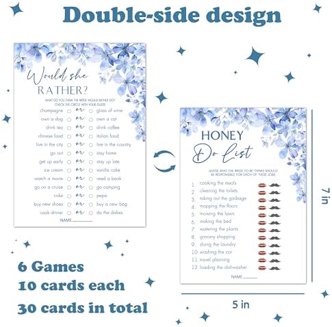 Bridal Shower Games Set of 5 Blue Flowers Theme