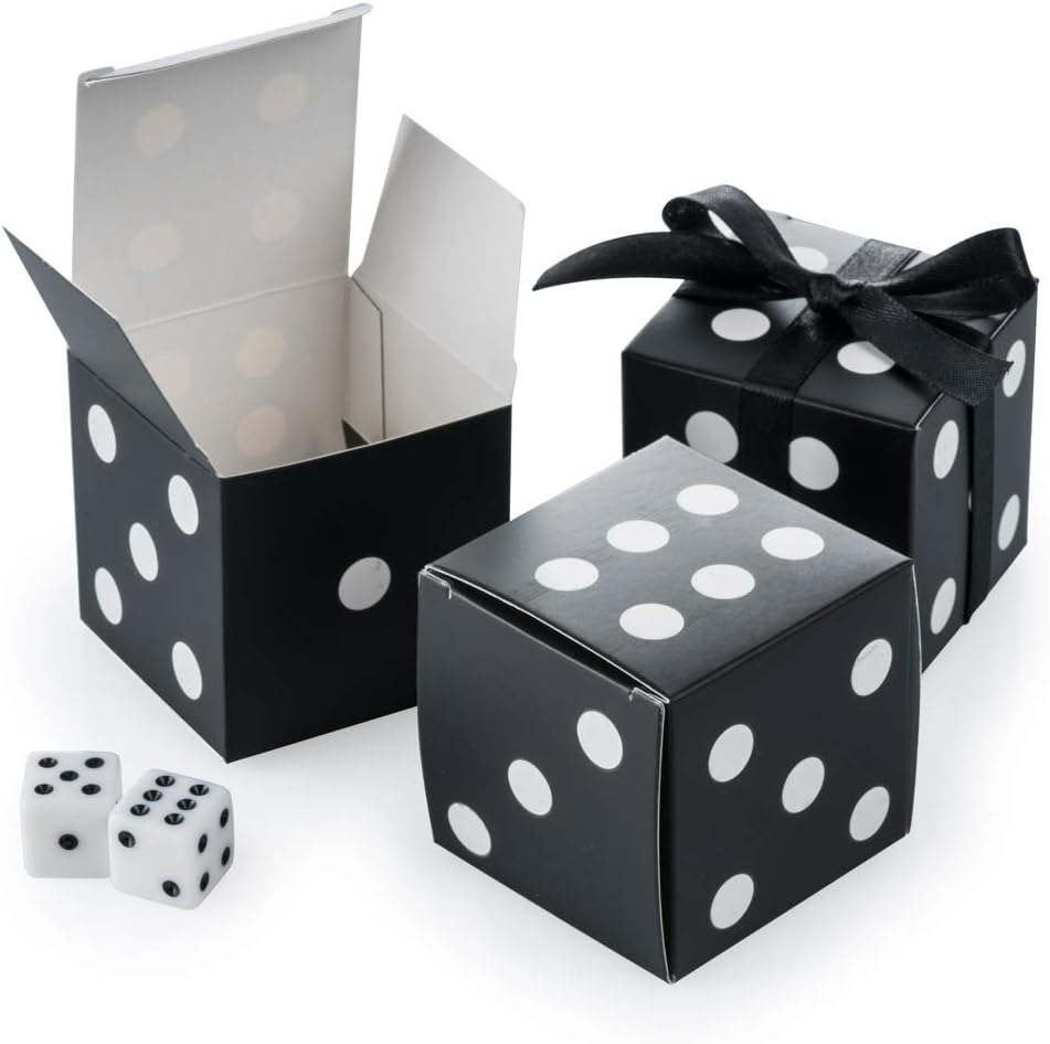 AWELL Black Dice Favor Box with Black Ribbon Pack of 50