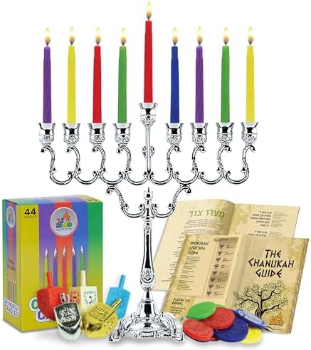 Ner Mitzvah Hanukkah Menorah with Candles and Dreidels