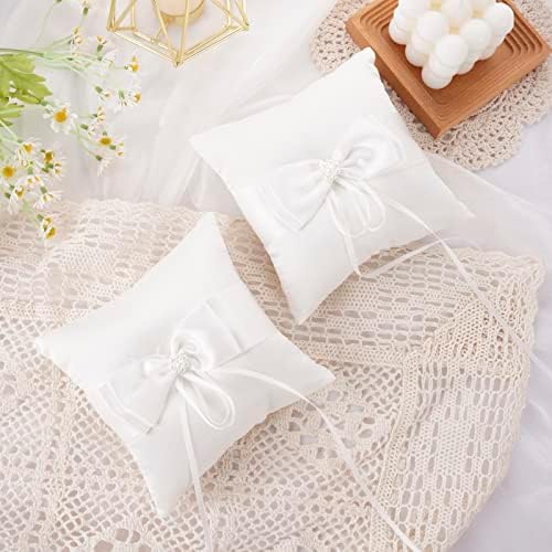QIRMIZI Wedding Ring Pillow and Flower Girl Basket Set - Butterfly Knot White Satin