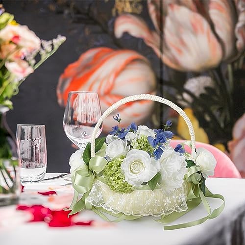 Wedding Flower Girl Basket with Lace and Green Bow