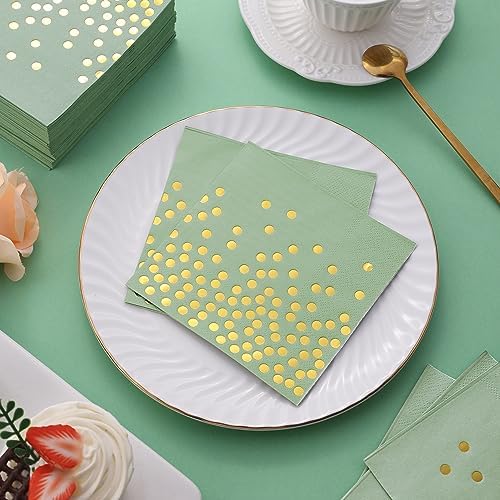 100 Pcs Sage Green Napkins - 3 Ply Gold Dot Disposable Party Napkins
