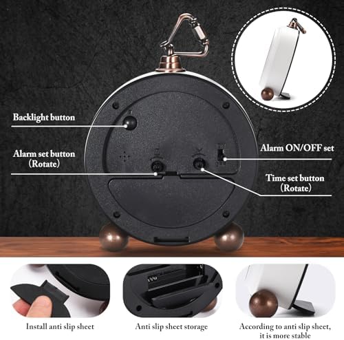 Tetino Analog Alarm Clock with Night Light and Silent Design