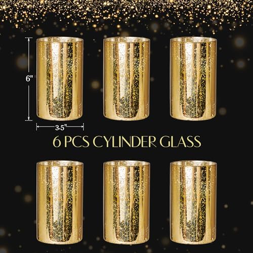 Gold Candle Holder Hurricane Cylinder Vase Set of 6 for Wedding Centerpieces