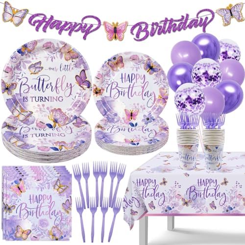 Purple Butterfly Birthday Decorations Set 112Pcs for 20 Guests